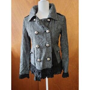 Pretty By Kensie Black Double Breasted Ruffled Jacket Small linen and cotton